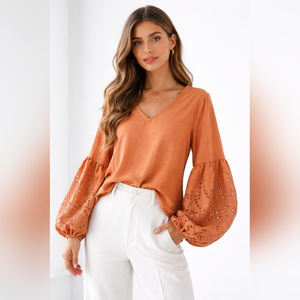 Mikarose Eyelet Sleeve Blouse Size M Rust Terracotta